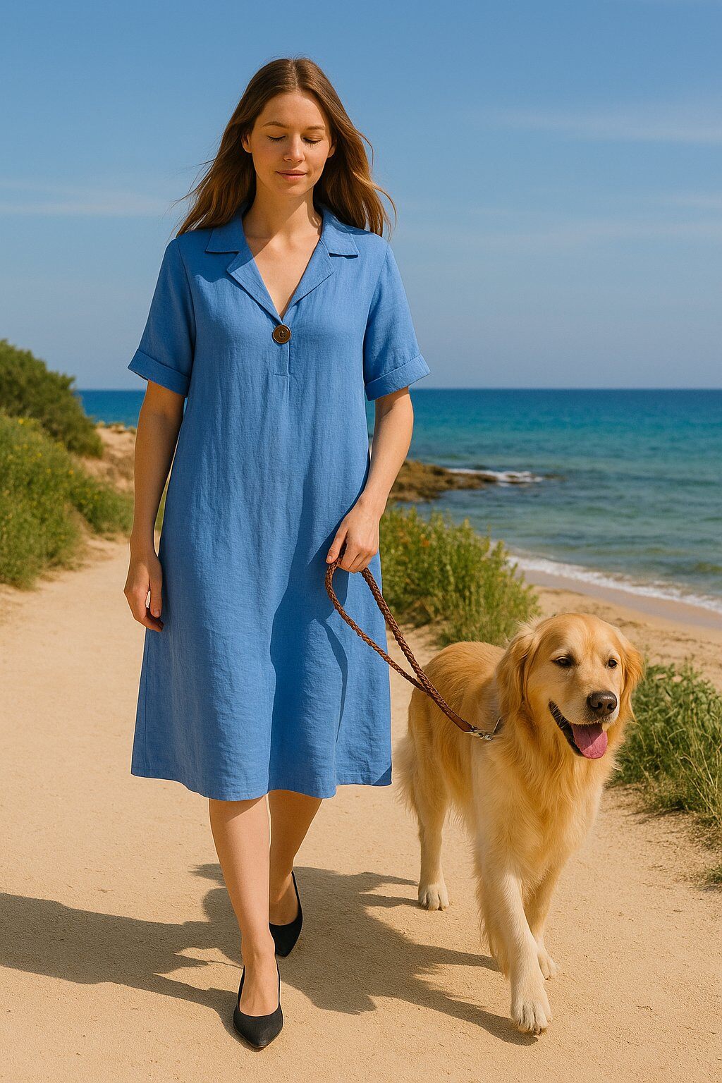 Wholesaler For Her Paris - 100% linen dress with V-neck and 3/4 sleeves, natural elegance