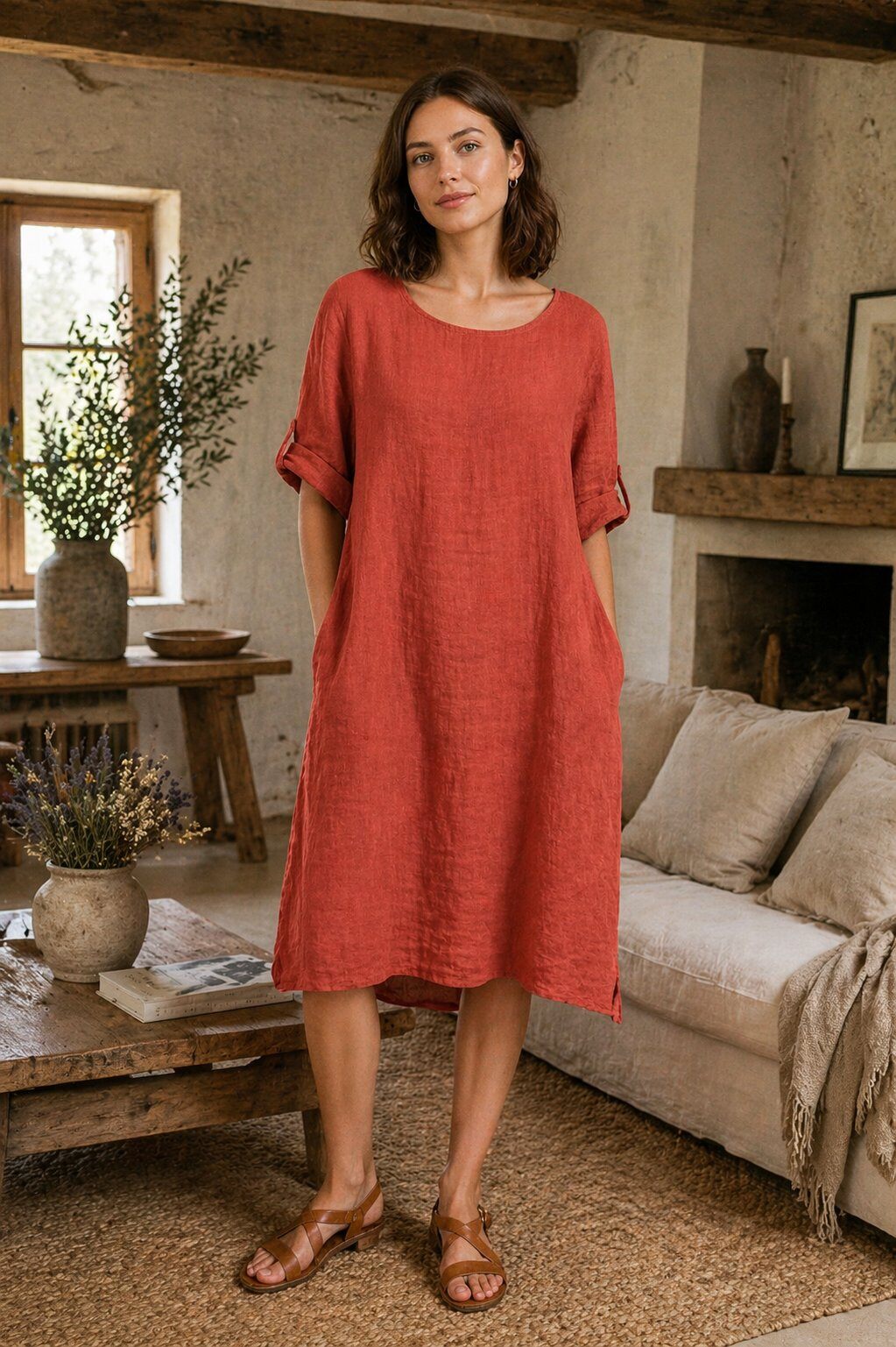 Wholesaler For Her Paris - Minimalist 100% linen dress with round neck and 3/4 sleeves, natural elegance