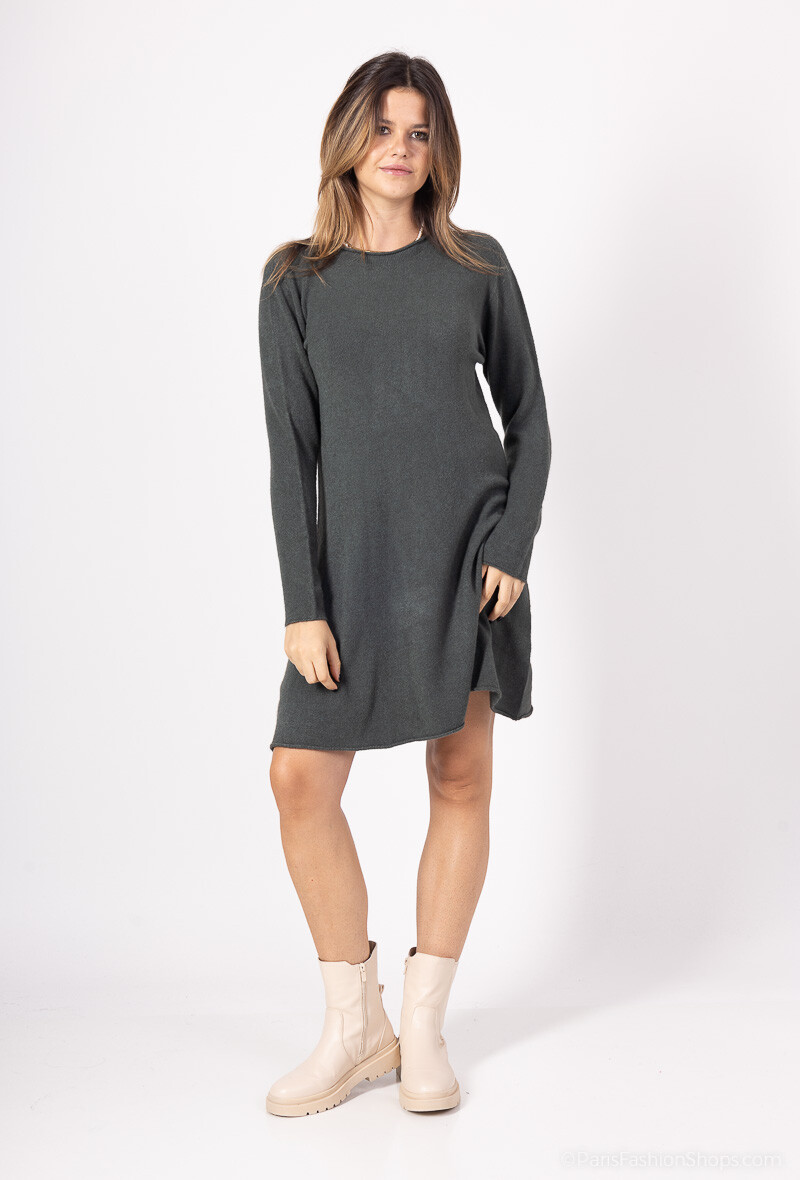 Wholesaler For Her Paris - Knit dress in plain slightly flared round neck long sleeves cashmere touch