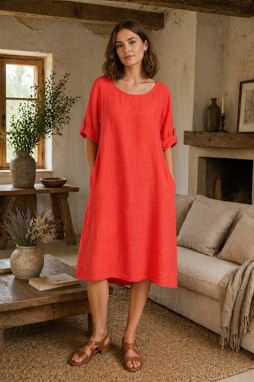 Minimalist 100% linen dress with round neck and 3/4 sleeves, natural  elegance | Paris Fashion Shops