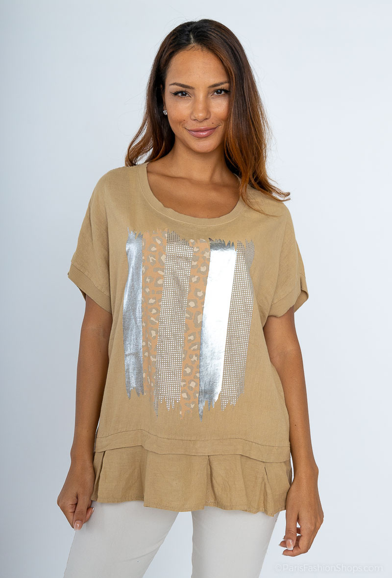 Wholesaler For Her Paris - Oversized linen top round neck short sleeves silver brush strokes