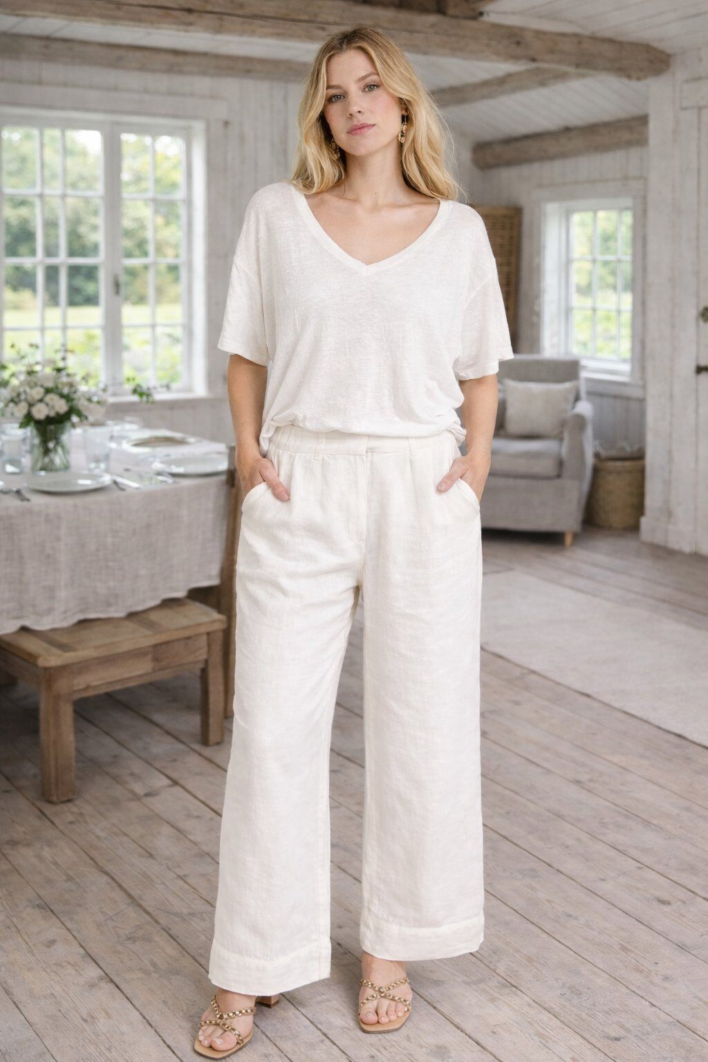 Wholesaler For Her Paris - Solid oversized V-neck top 100% linen short sleeves natural elegance