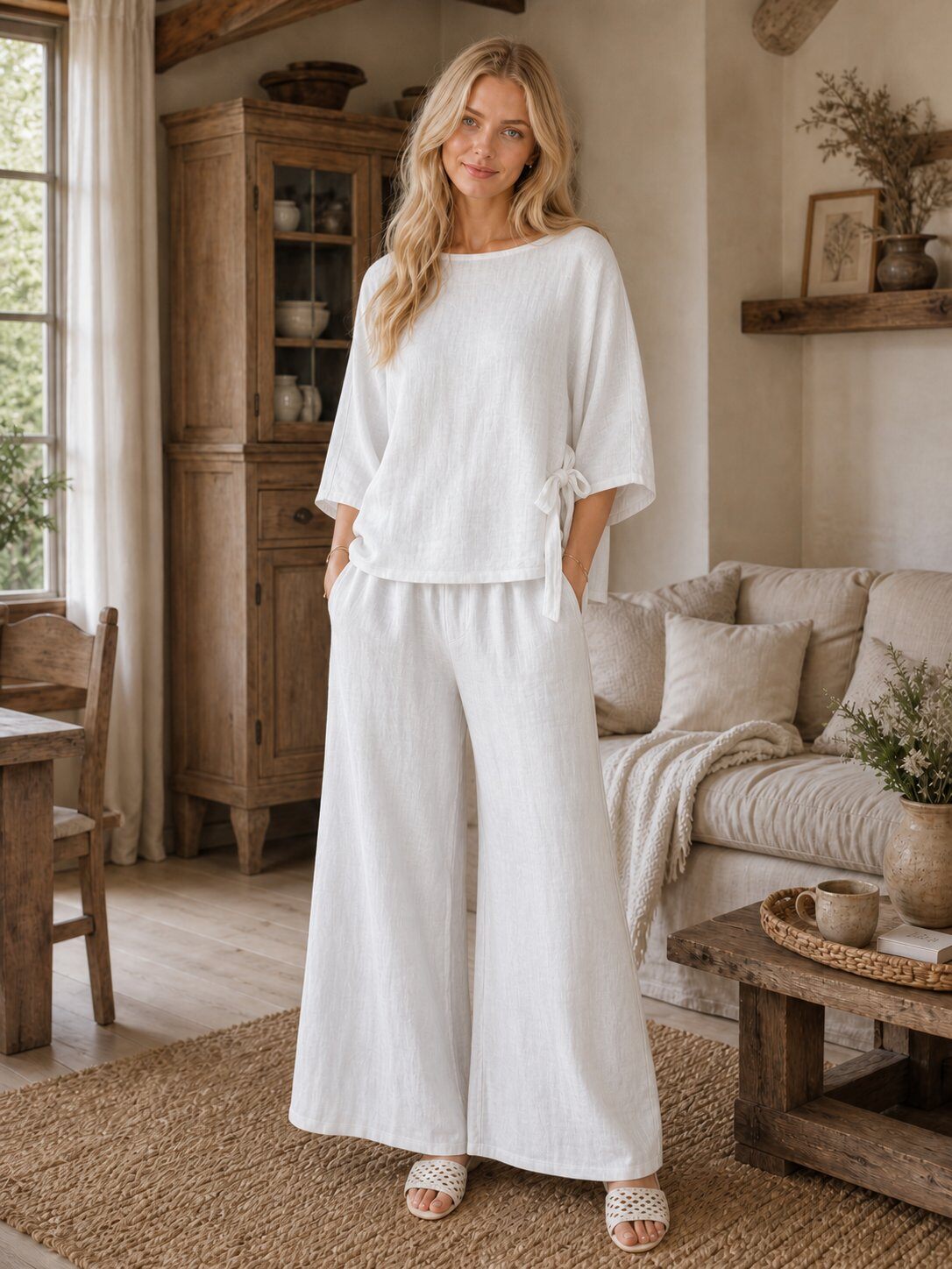 Wholesaler For Her Paris - 100% Linen Top 3/4 Sleeves Side Knot Natural Elegance