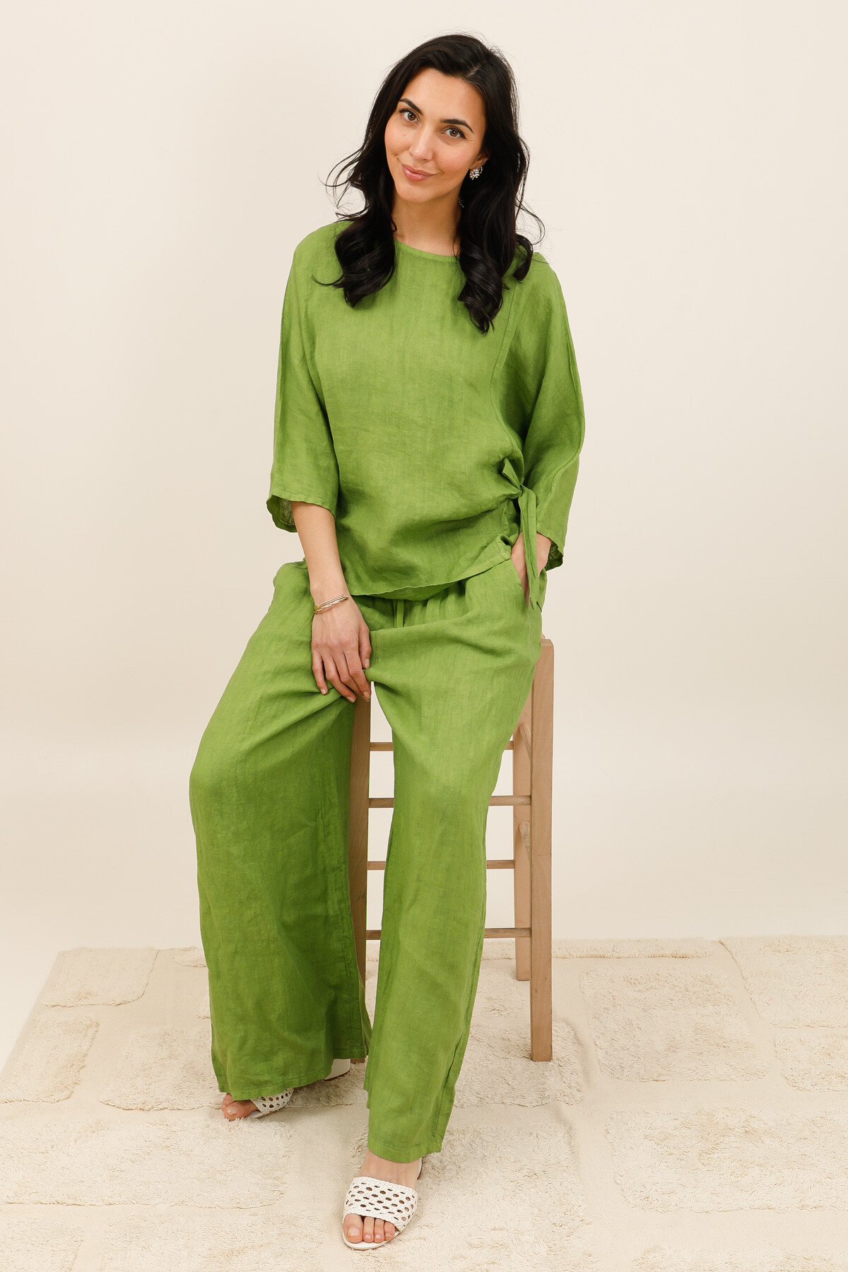Wholesaler For Her Paris - 100% Linen Top 3/4 Sleeves Side Knot Natural Elegance