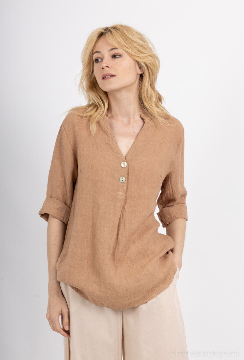 Wholesaler For Her Paris - Oversized top 100% linen mandarin collar 3/4 sleeves