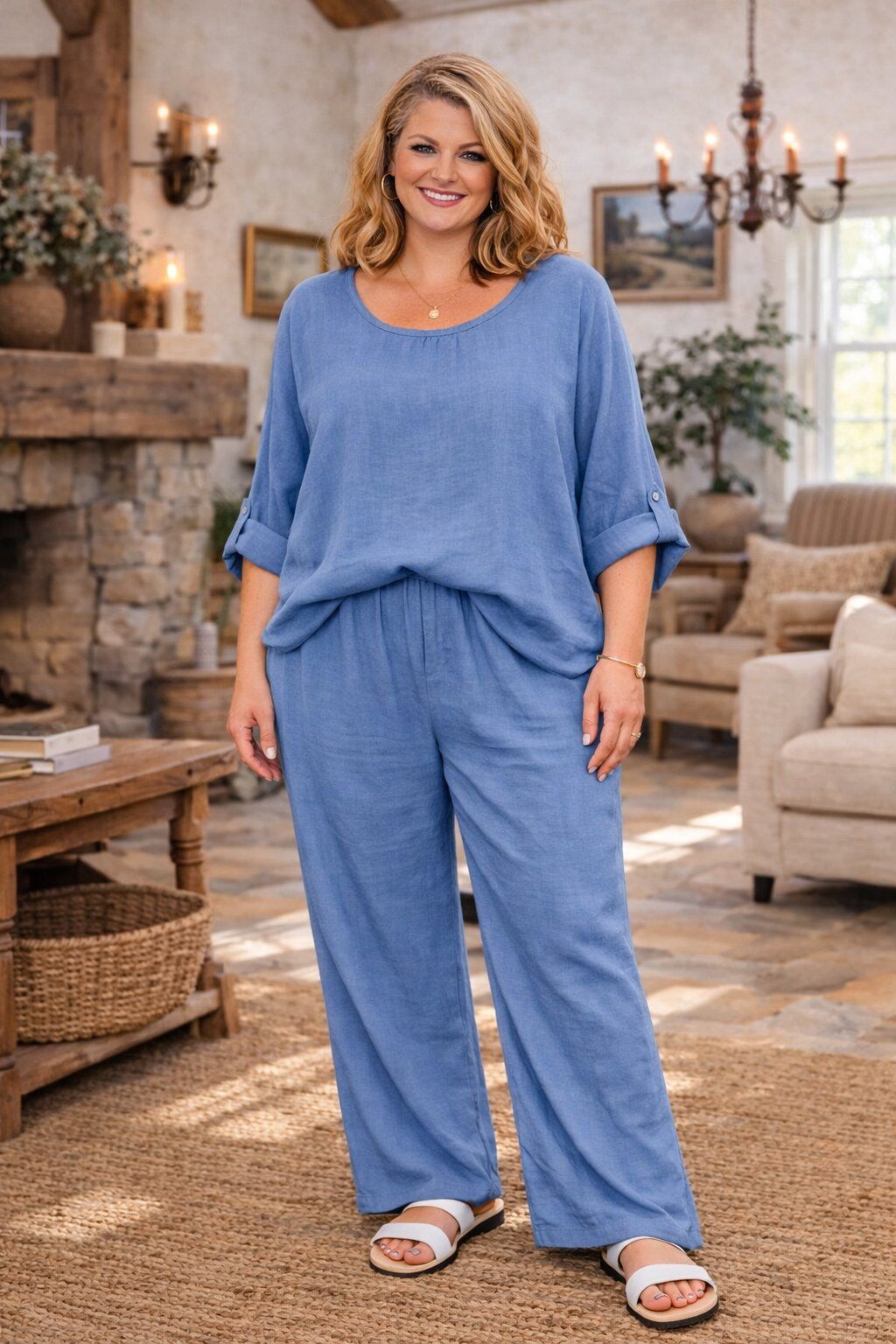 Wholesaler For Her Paris - Women's oversized top 100% linen, solid color, with a flowing fit, round neck, and 3/4 sleeves