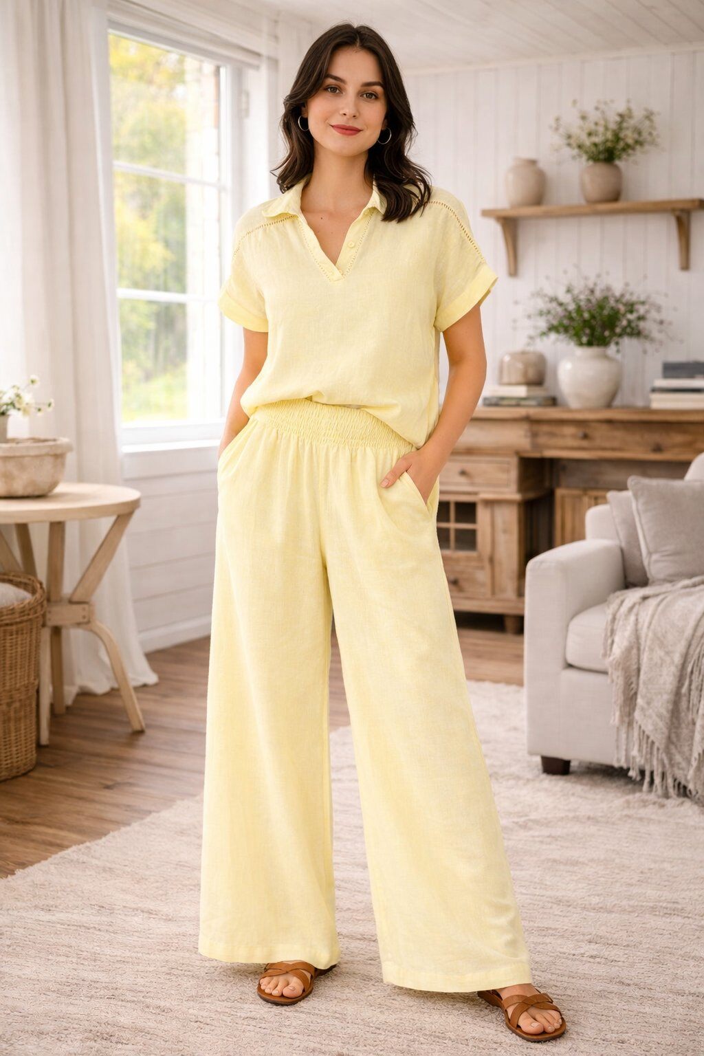 Wholesaler For Her Paris - 100% linen top with shirt collar, short sleeves, openwork detail, natural elegance