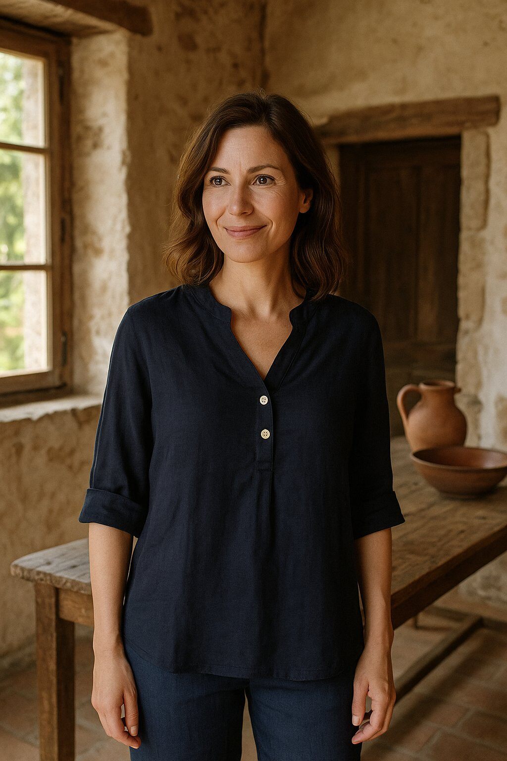 Wholesaler For Her Paris - Casual Top in 100% Linen Chic and Comfortable with Tunisian Collar, 3/4 Sleeves