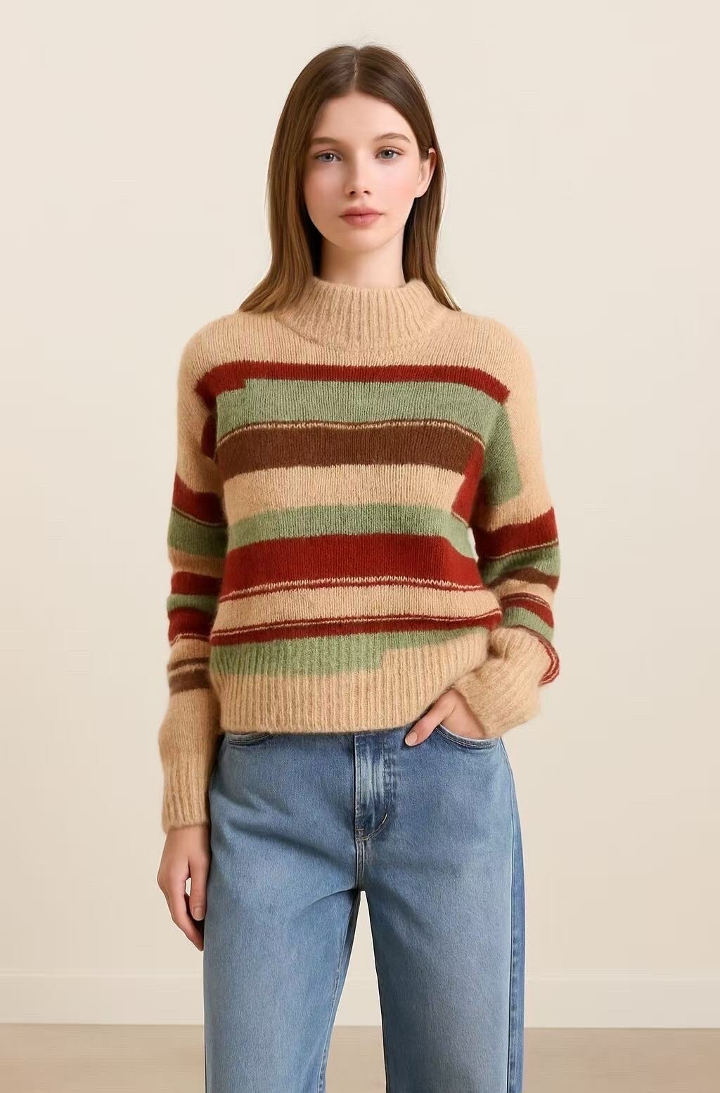 Pull féminin automne/hiver, 70% polyester, 21% polyamide, 8% laine, 1% élasthanne, fabriqué en Chine.