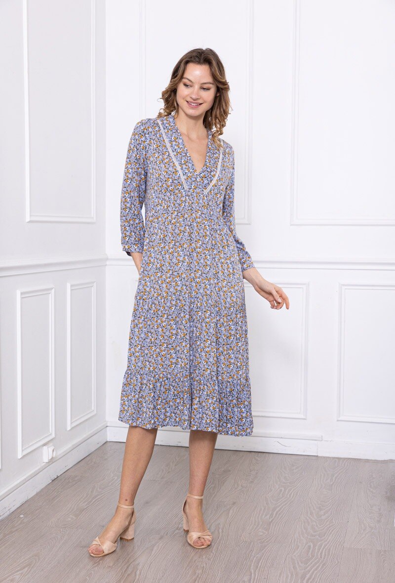 Wholesaler Freda - Long dress with 3/4 sleeves, V-neck