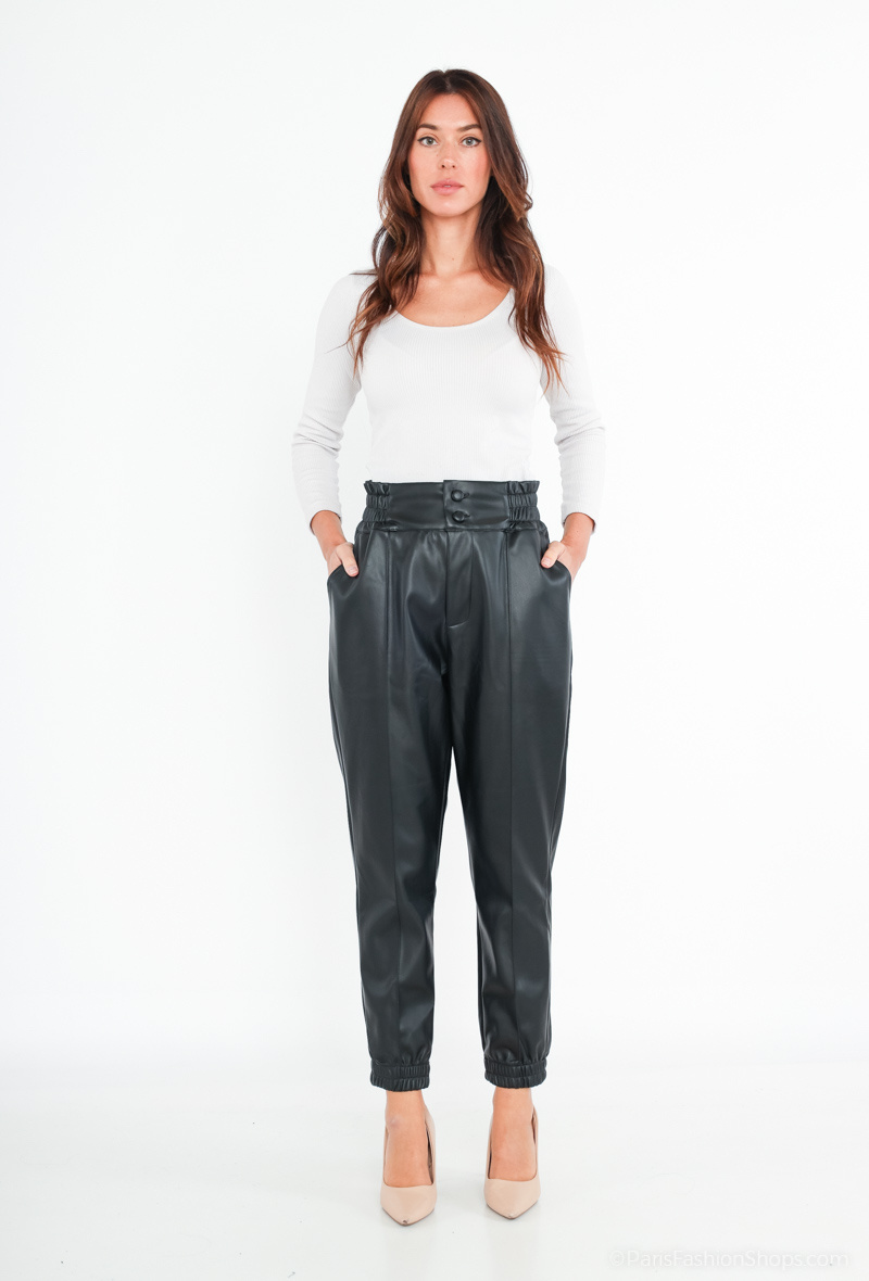 Wholesaler Freesia - women's faux leather pants, high waist with double breasted