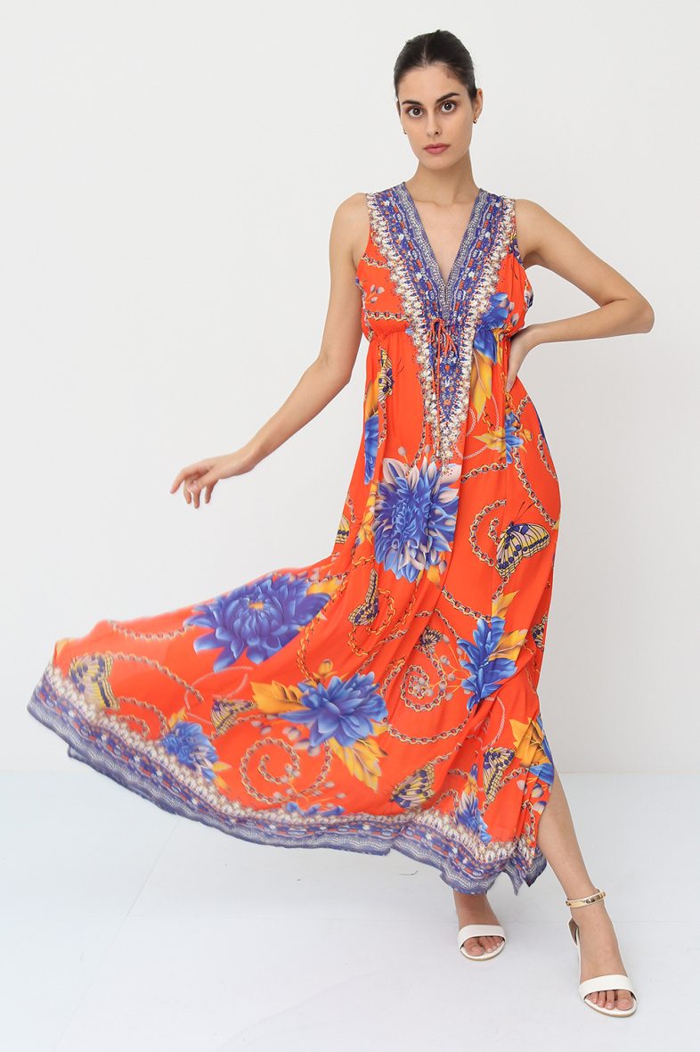 Wholesaler Frime Beachwear - Long printed dress with rhinestones