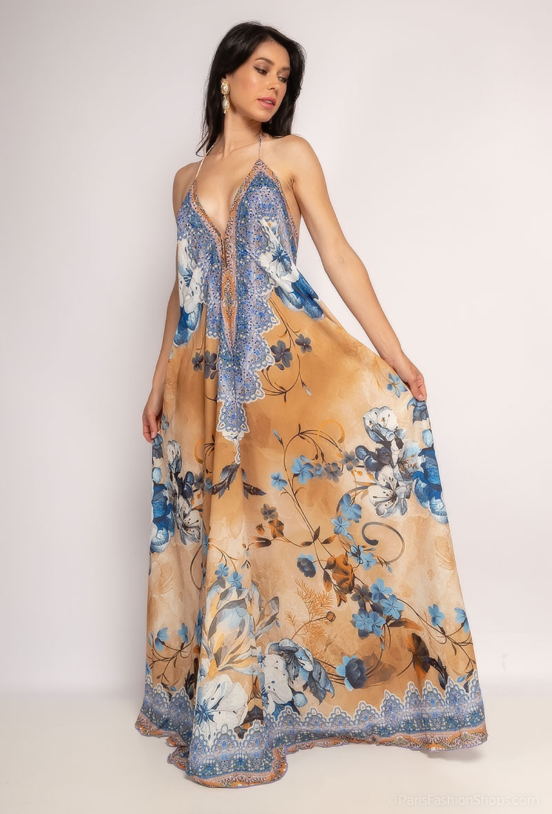 Wholesaler Frime Beachwear - Long printed dress with rhinestones