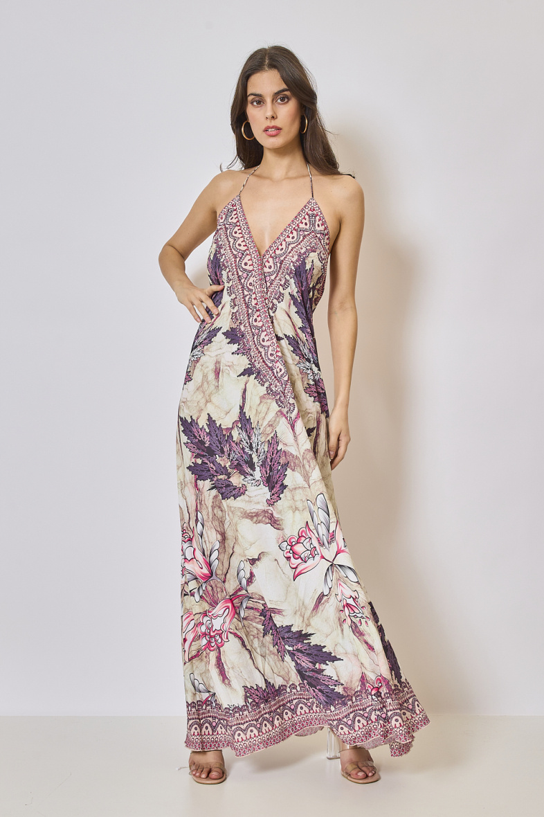 Wholesaler Frime Beachwear - Long printed dress with rhinestones