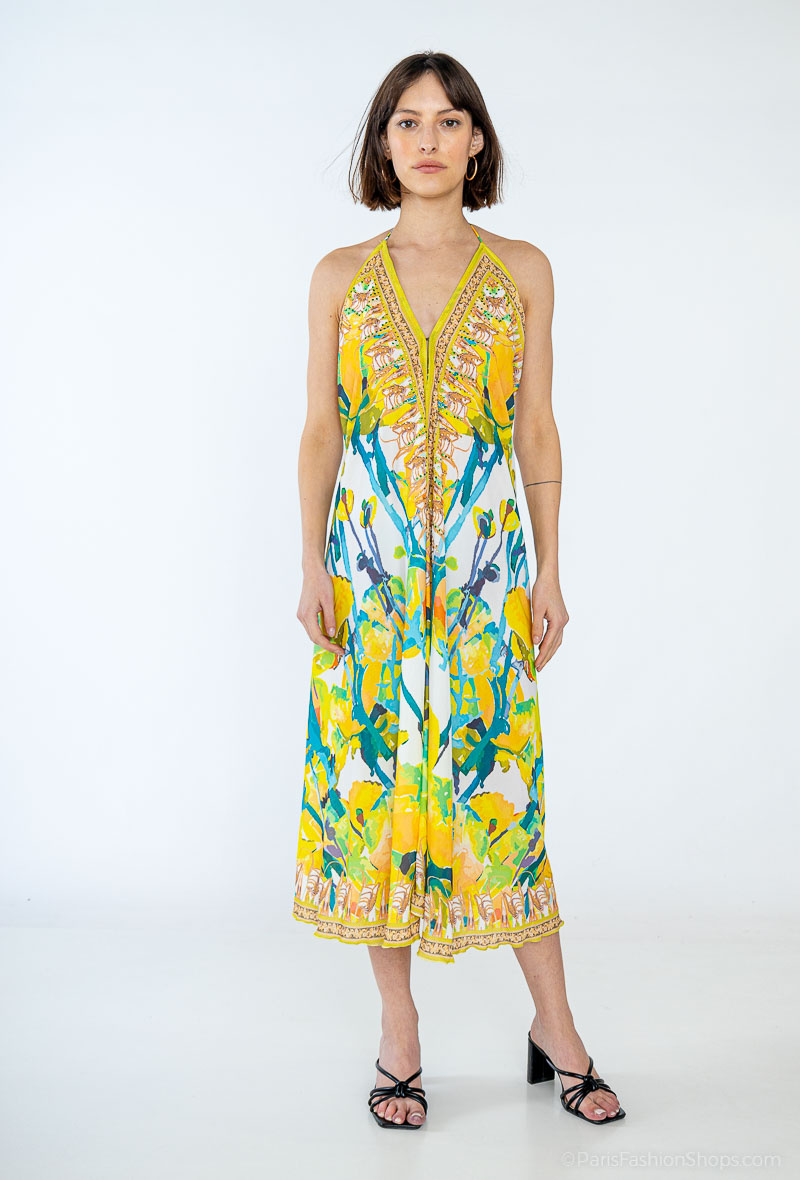 Wholesaler Frime Beachwear - Printed mid-length dress with rhinestones