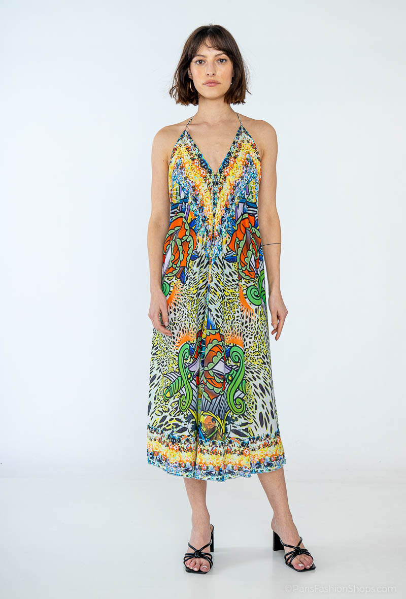 Wholesaler Frime Beachwear - Printed mid-length dress with rhinestones
