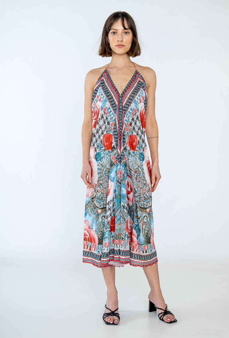 Wholesaler Frime Beachwear - Printed mid-length dress with rhinestones
