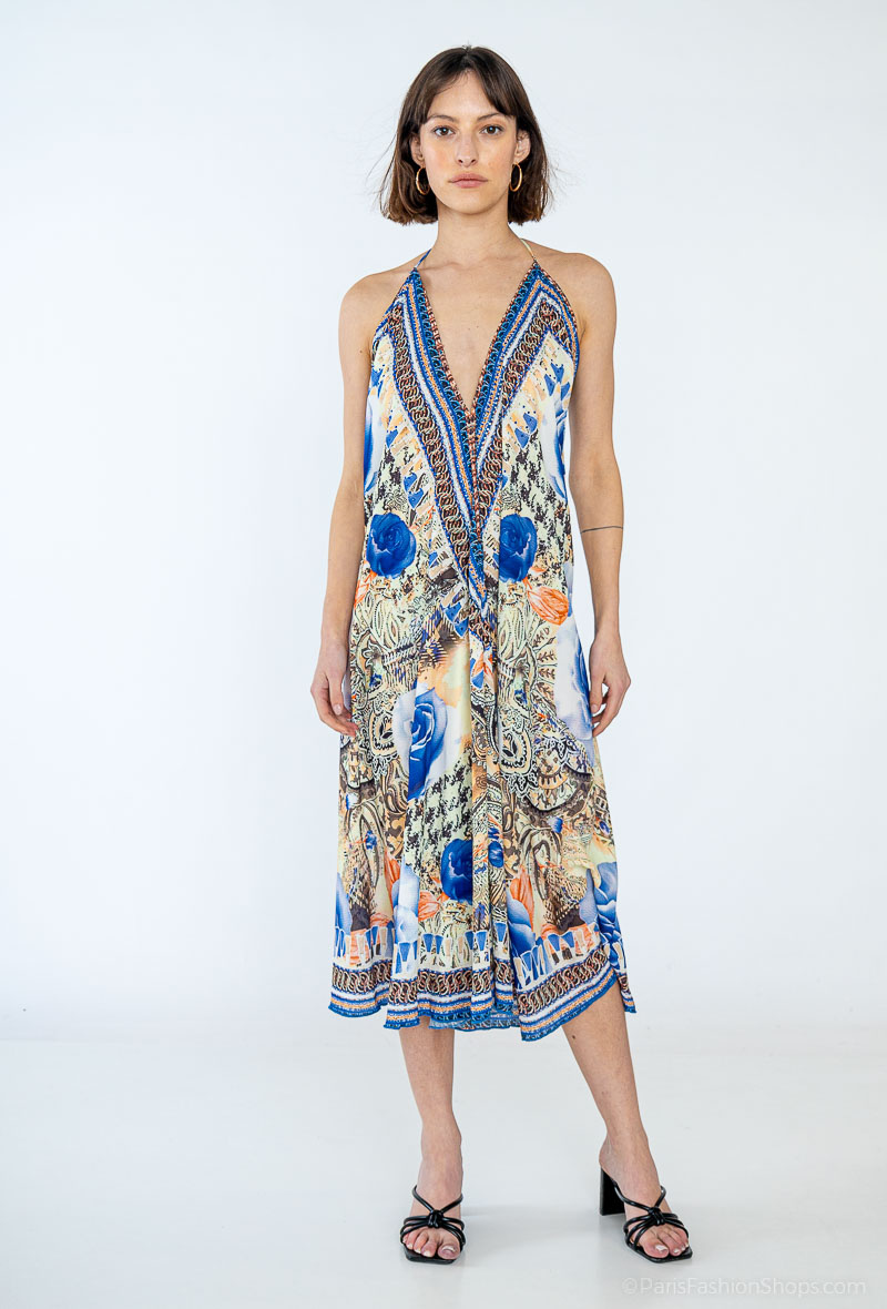 Wholesaler Frime Beachwear - Printed mid-length dress with rhinestones