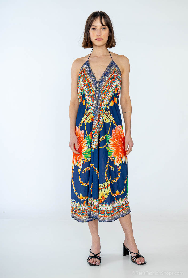 Wholesaler Frime Beachwear - Printed mid-length dress with rhinestones