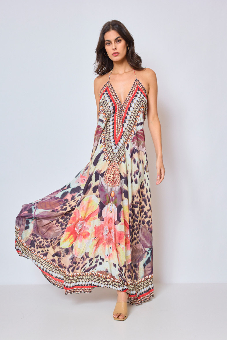 Wholesaler Frime Beachwear - Long printed dress with rhinestones