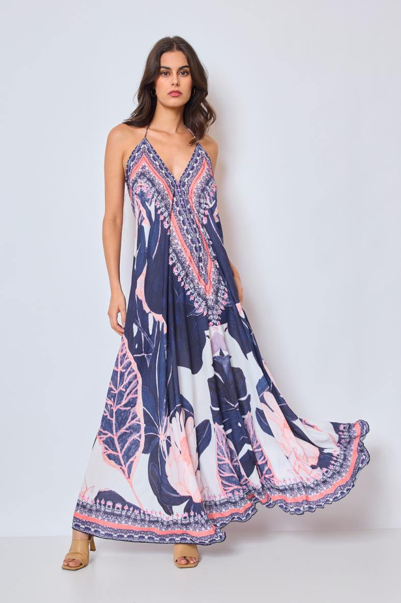 Wholesaler Frime Beachwear - Long printed dress with rhinestones