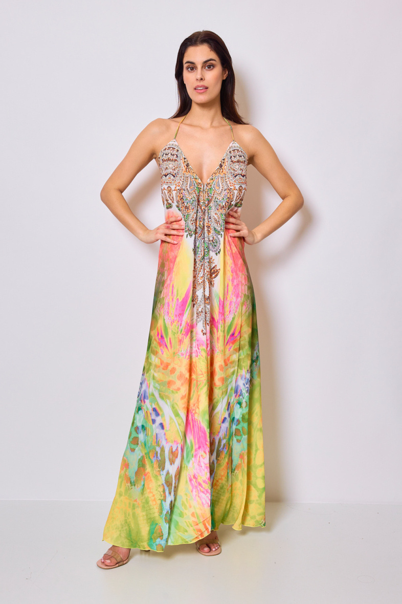 Wholesaler Frime Beachwear - Long printed dress with rhinestones