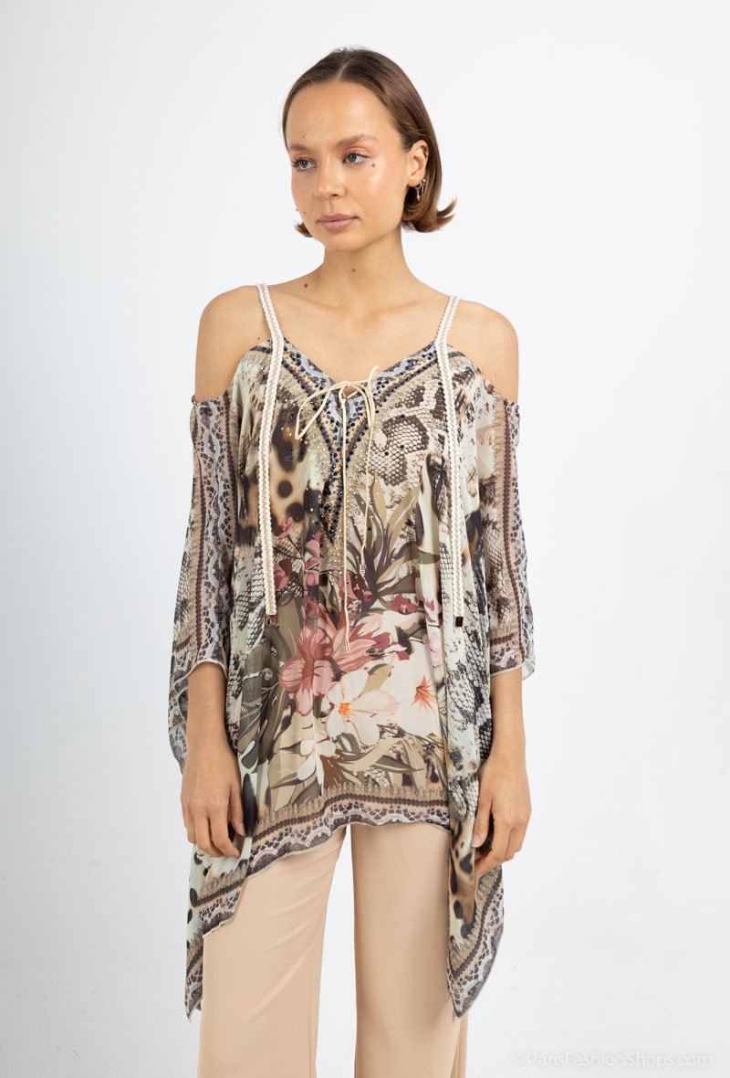 Wholesaler Frime Beachwear - Printed top with rhinestones off the shoulder