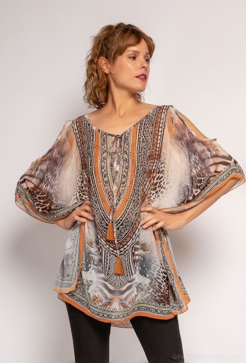 Wholesaler Frime Beachwear - Printed top with rhinestones off the shoulder