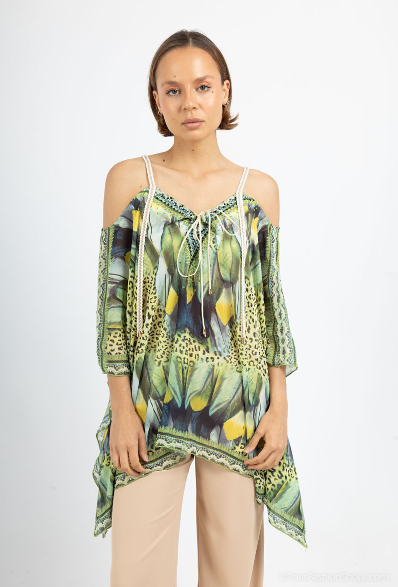 Wholesaler Frime Beachwear - Printed top with rhinestones off the shoulder