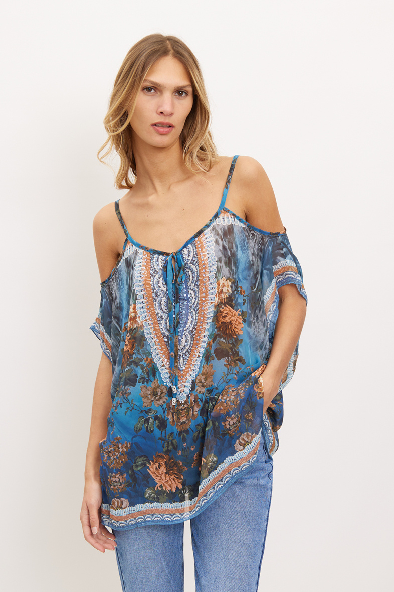Wholesaler Frime Beachwear - Printed top with rhinestones off the shoulder
