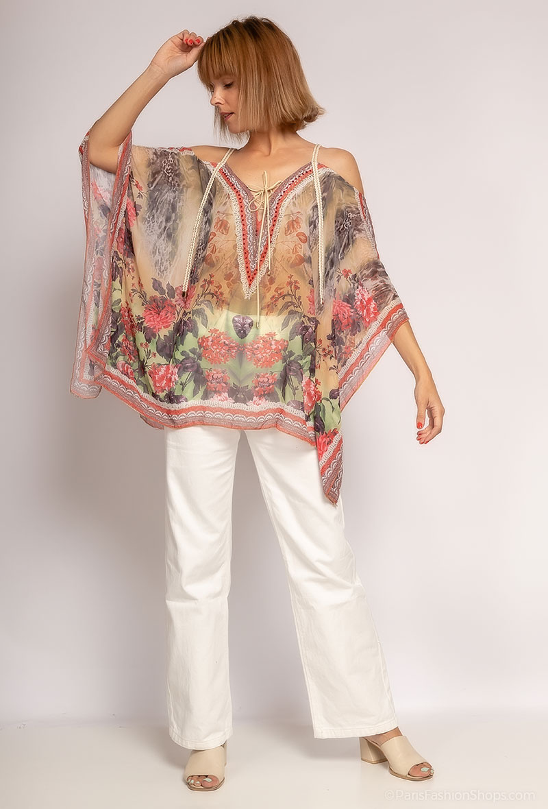 Wholesaler Frime Beachwear - Printed top with rhinestones off the shoulder