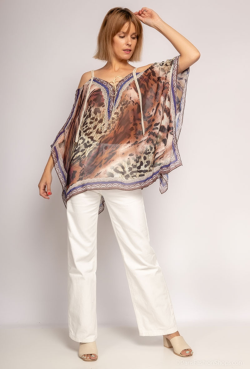 Wholesaler Frime Beachwear - Printed top with rhinestones off the shoulder