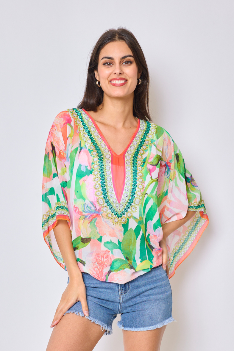 Wholesaler Frime Beachwear - Printed top with rhinestones