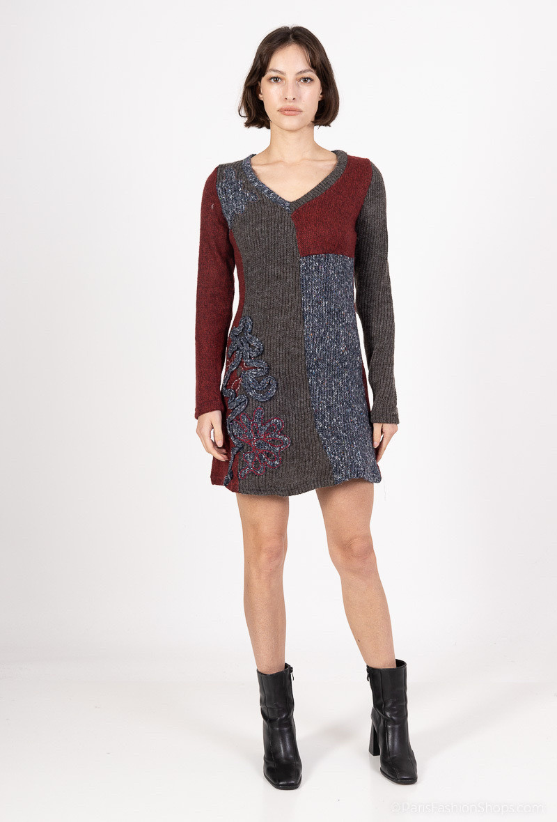 Mayorista Frime Outlet - Vestido de patchwork de punto con detalles bordados