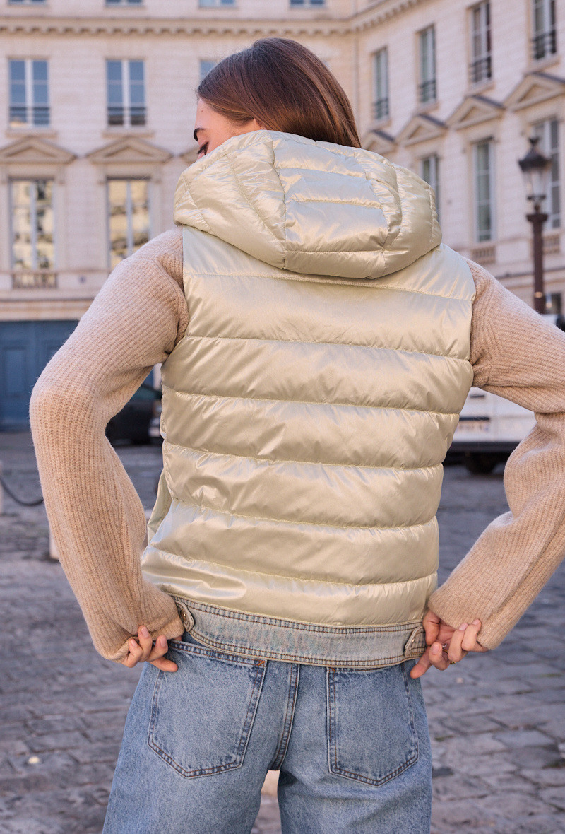 Sleeveless denim mixed-material puffer vest | Paris Fashion Shops