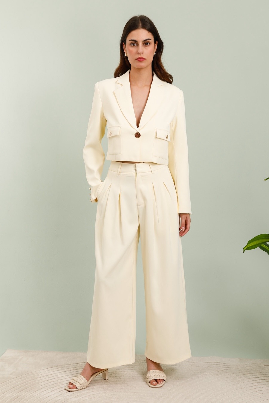 Grossiste Frime Paris - Ensemble : Blazer court avec poches & pantalon fluide