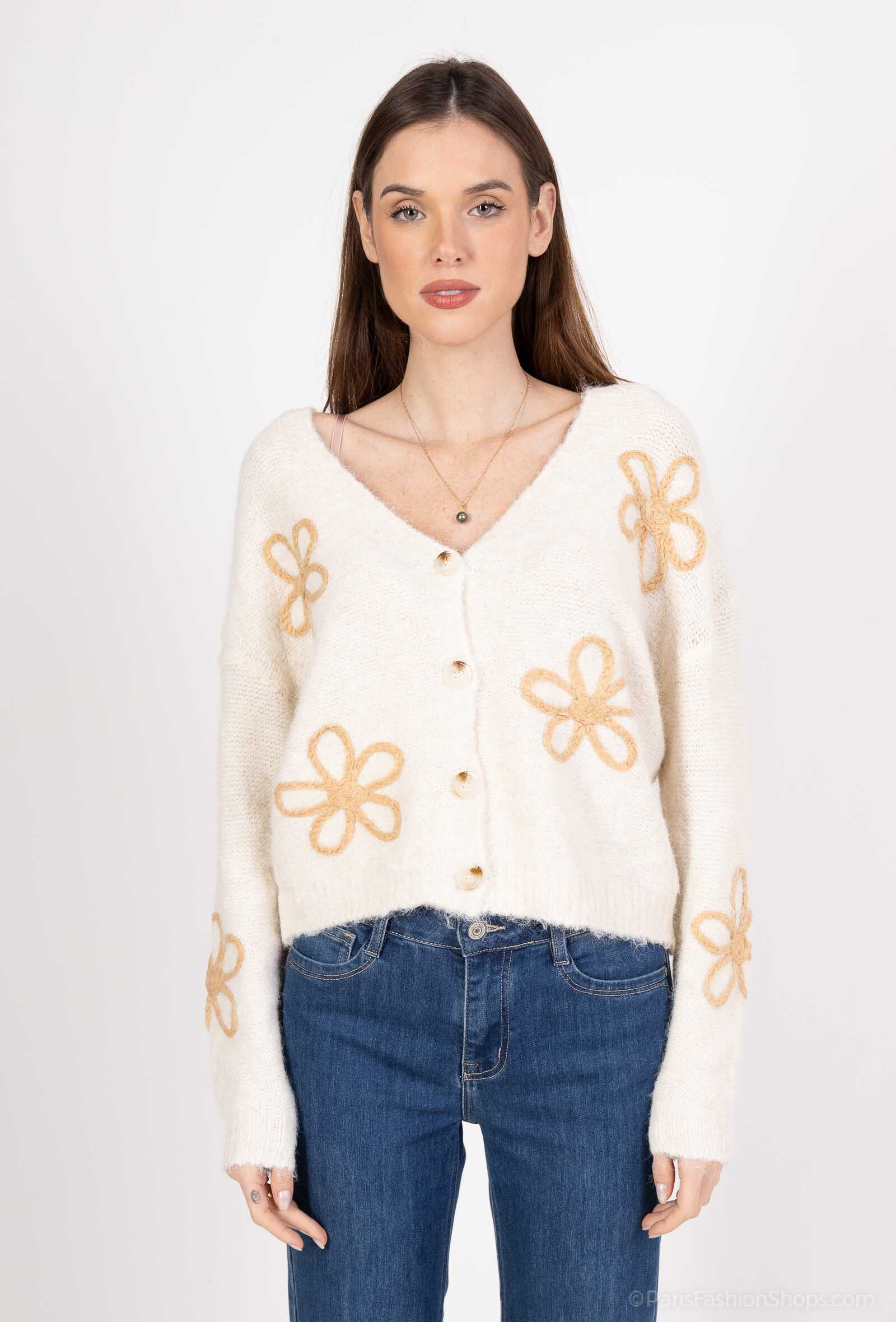 Grossiste Frime Paris - Gilet en maille avec broderies fleuries