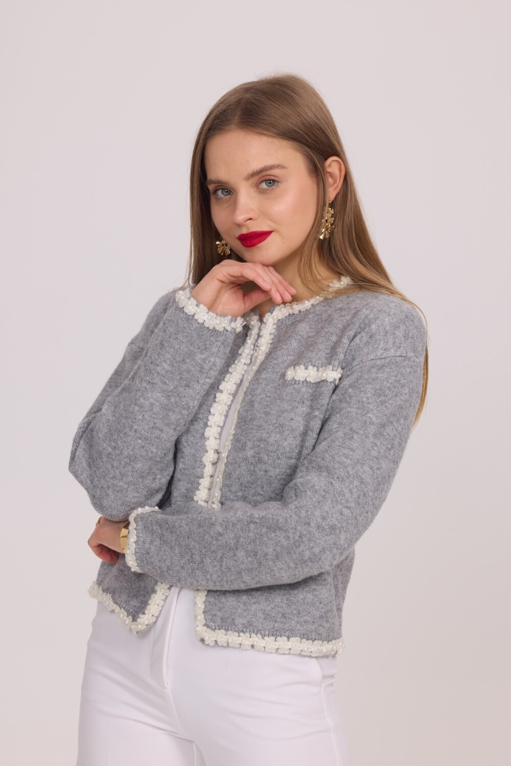 Grossiste Frime Paris - Cardigan ajusté en maille avec broderies florales