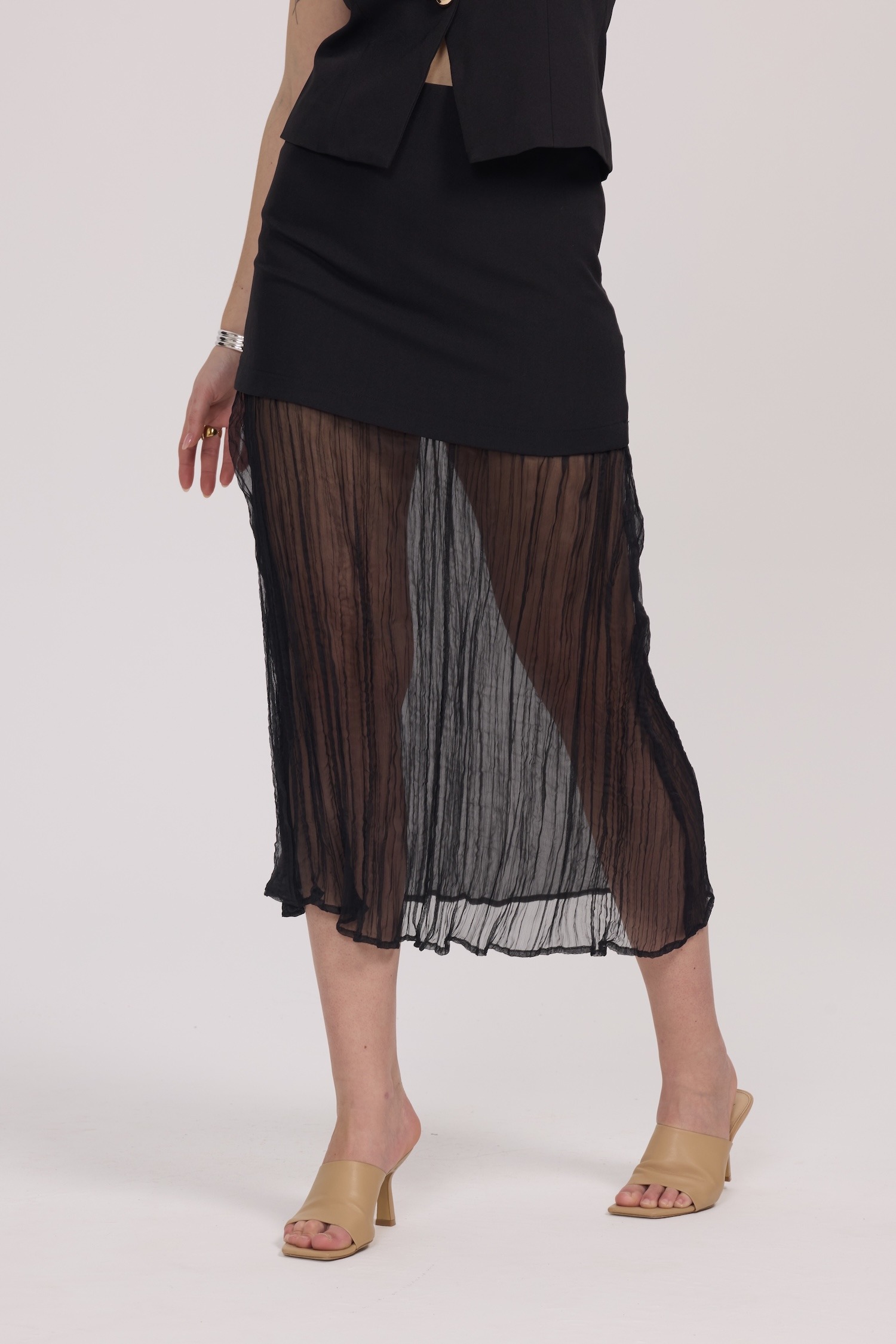 Grossiste Frime Paris - Jupe midi bi-matière effet superposé