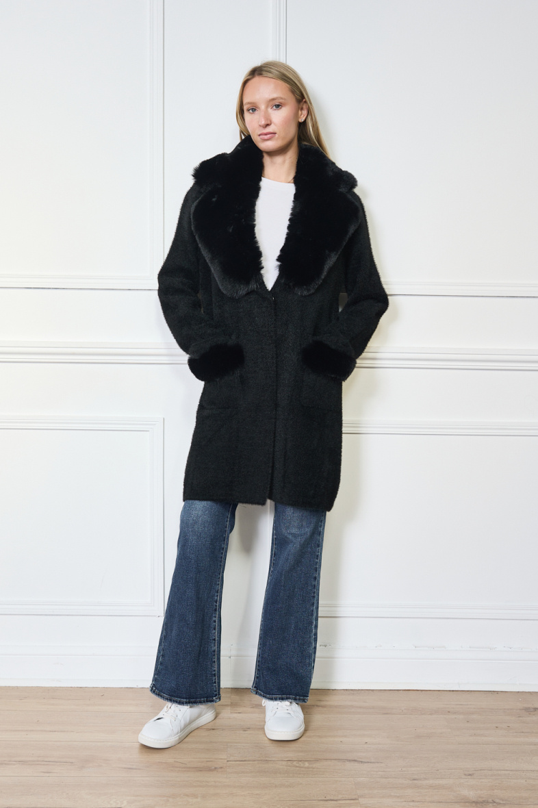 Wholesaler Frime Paris - Long belted coat with removable faux fur collar and decorative pockets