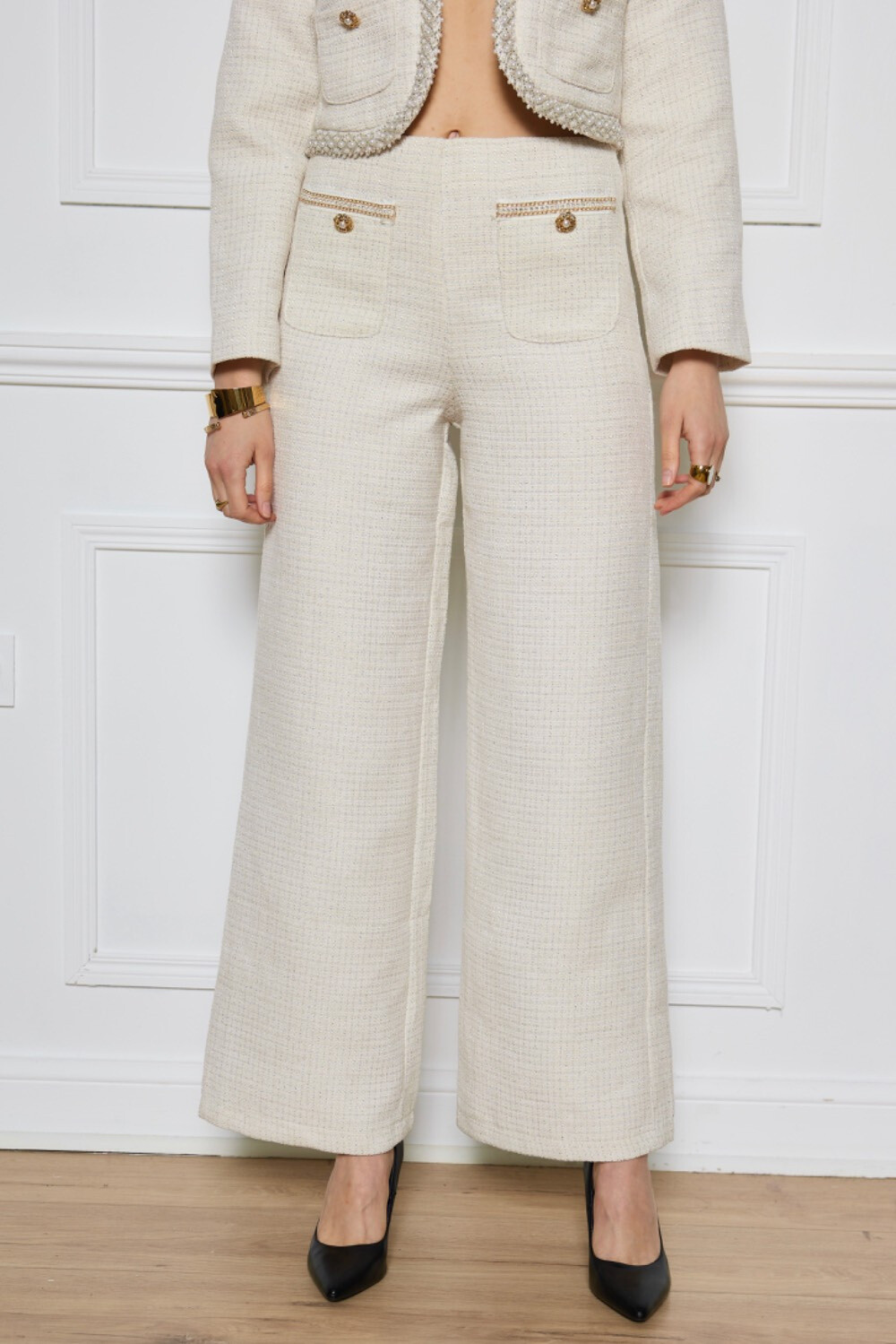 Grossiste Frime Paris - Pantalon en tweed à poches décoratives pour femme