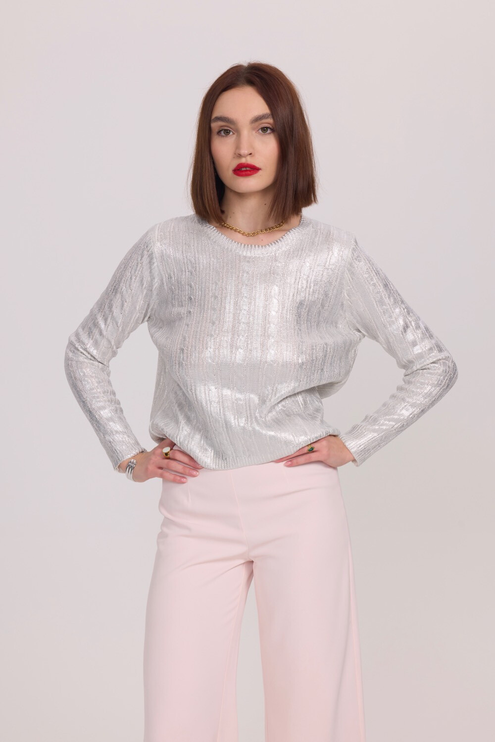 Großhändler Frime Paris - Einfarbiger Zopfstrickpullover mit Metallic-Effekt