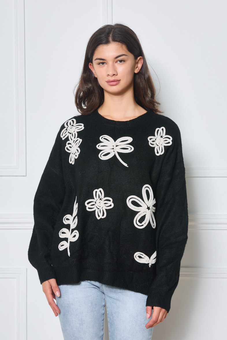 Wholesaler Frime Paris - Knitted sweater with floral embroidery