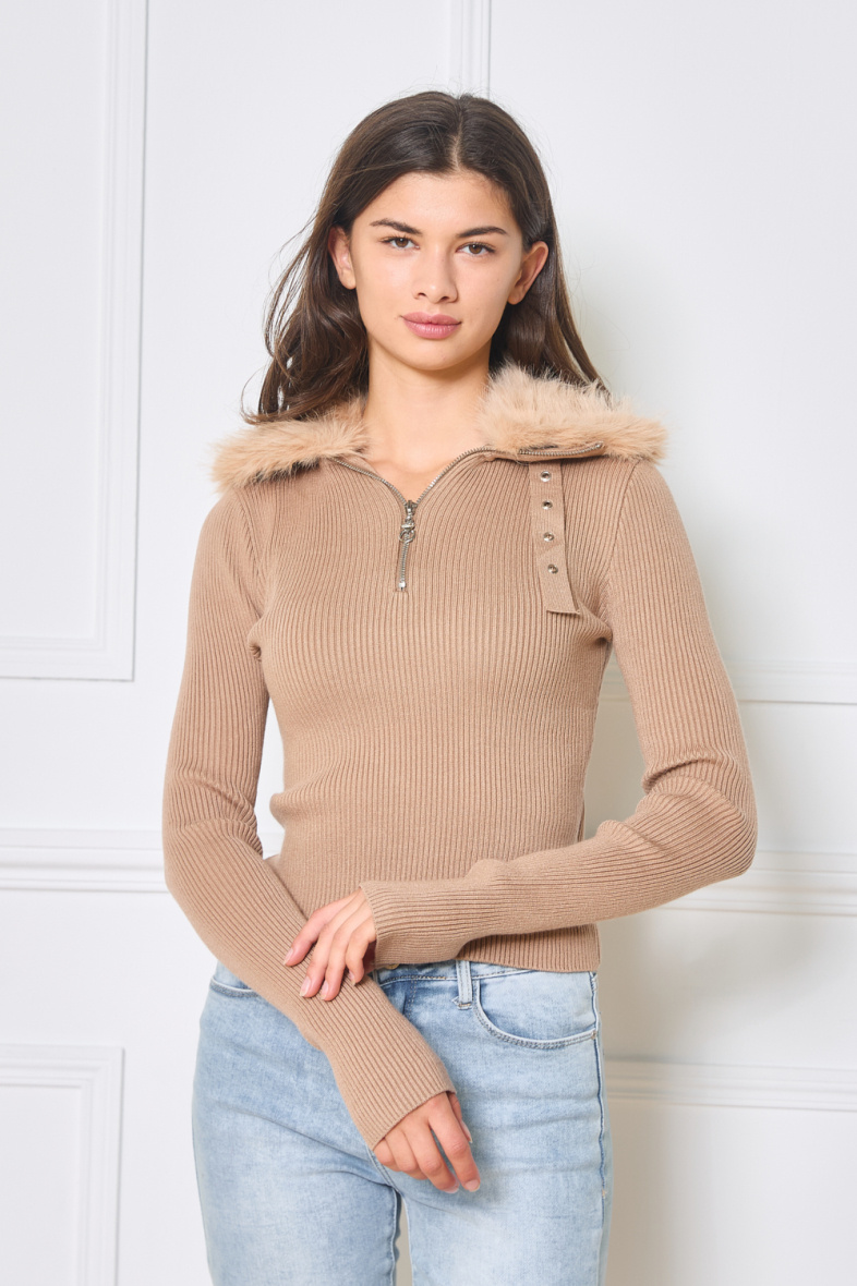 Wholesaler Frime Paris - Ribbed knit sweater with fur collar