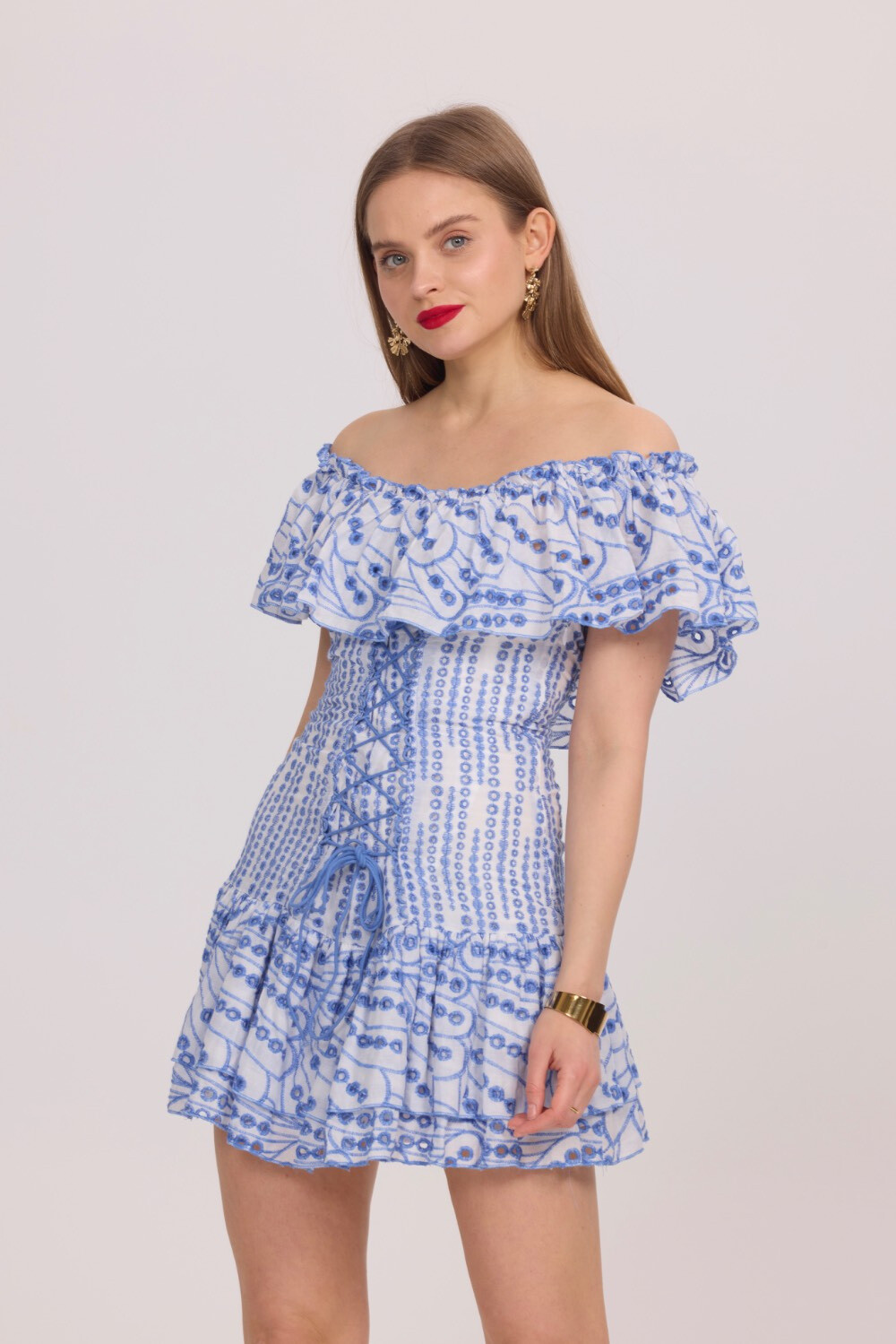 Wholesaler Frime Paris - Short off-the-shoulder dress with openwork embroidery
