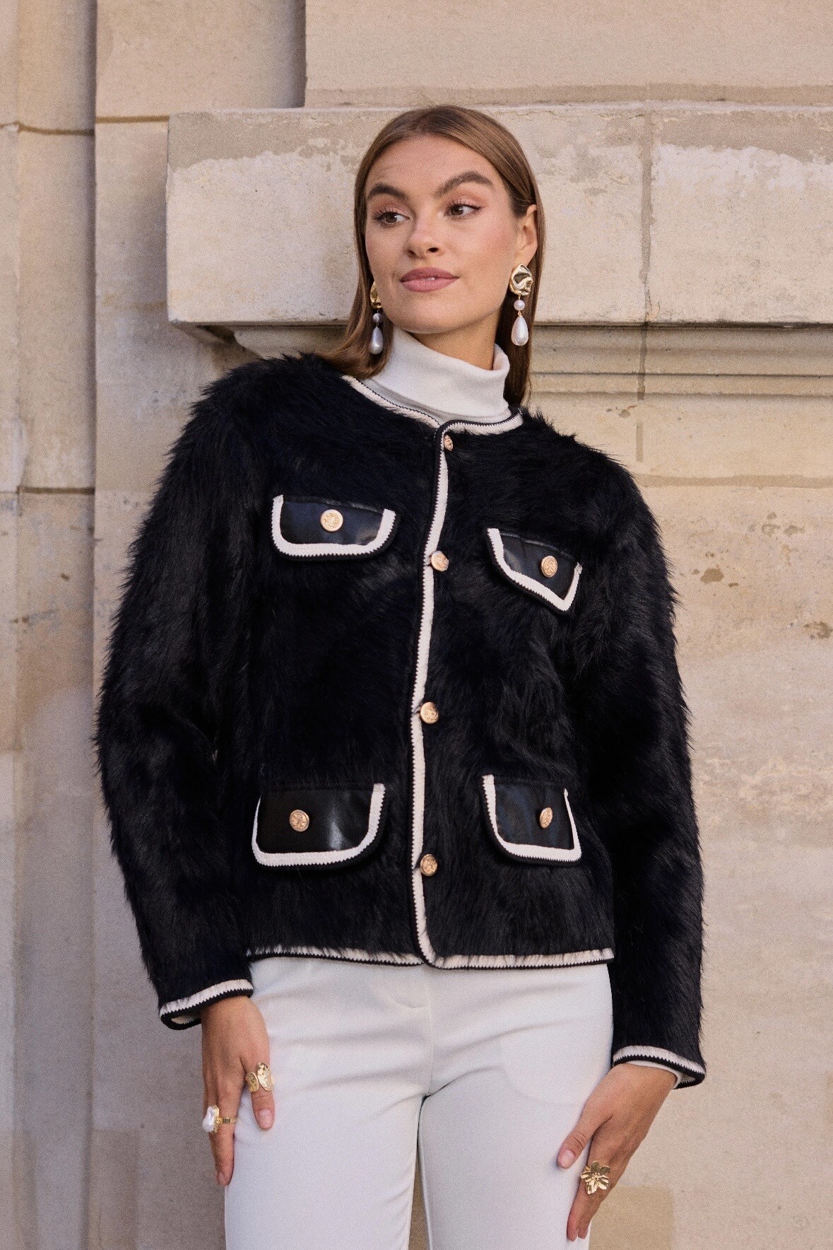 Grossiste Frime Paris - Veste fausse fourrure à détails contrastés