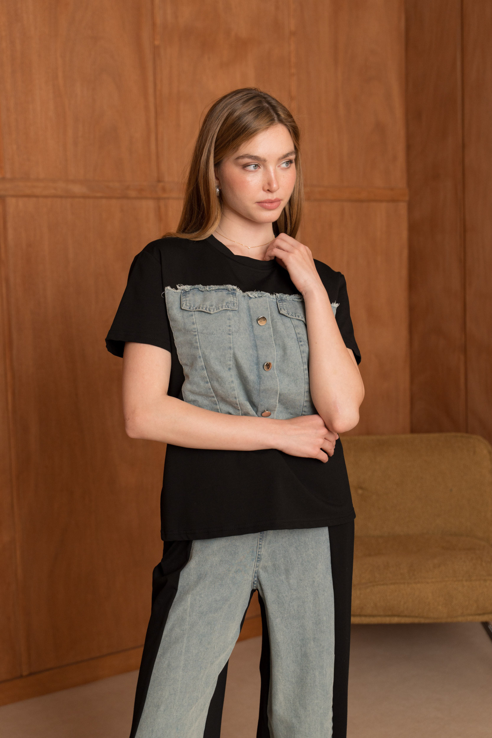 Mayorista Frime Paris - Camiseta de dos tejidos con denim
