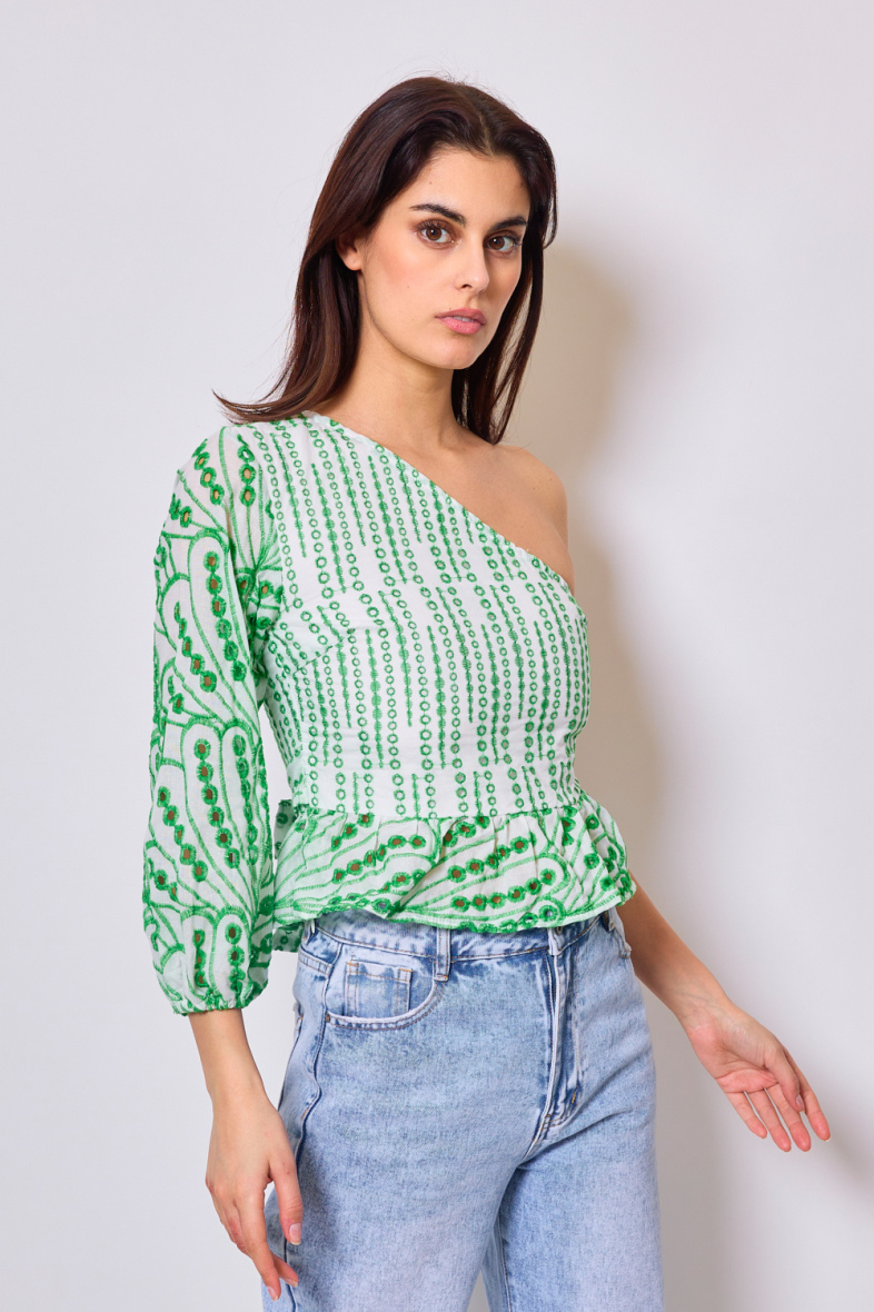 Wholesaler Frime Paris - Asymmetrical printed top with English embroidery