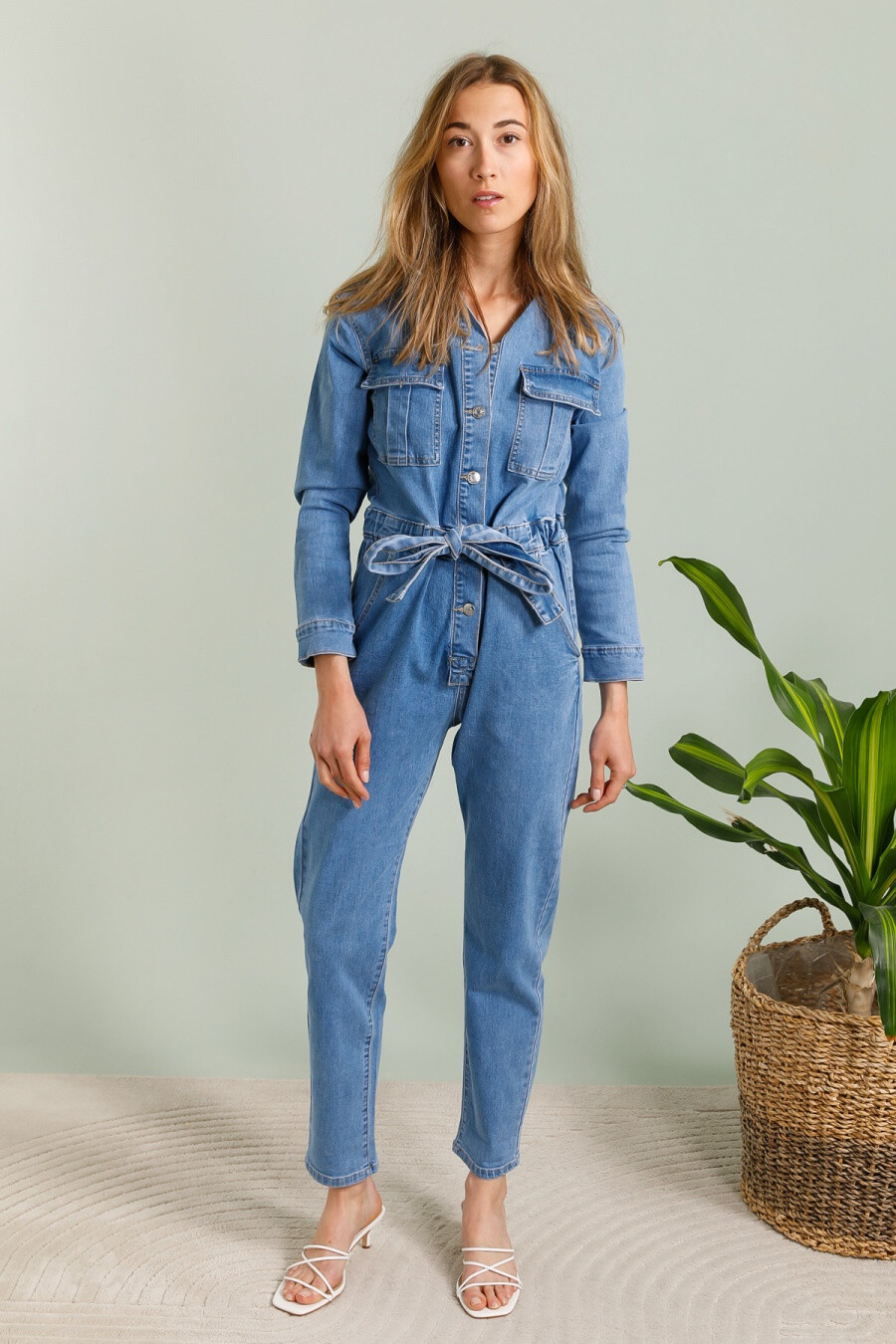 Grossiste G-Smack - combinaison bleu avec ceinture coupe droite manche longue en grande taille