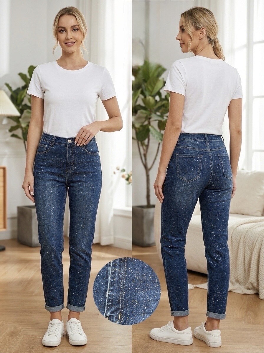 Wholesaler G-Smack - Blue mom fit jeans with golden sequins in plus size